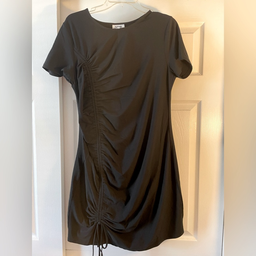 Black T-Shirt Dress With Cinch Tie Hem; Like New, Worn Once